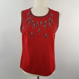 Essentials Red Sleeveless Silk Blend Embellished Rhinestones Beads Top EUC LG